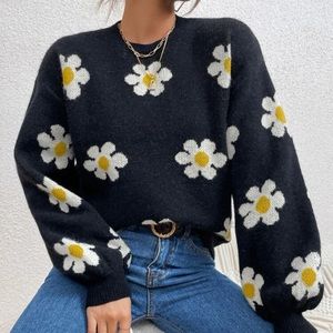 Floral Pattern Drop Shoulder Black Sweater